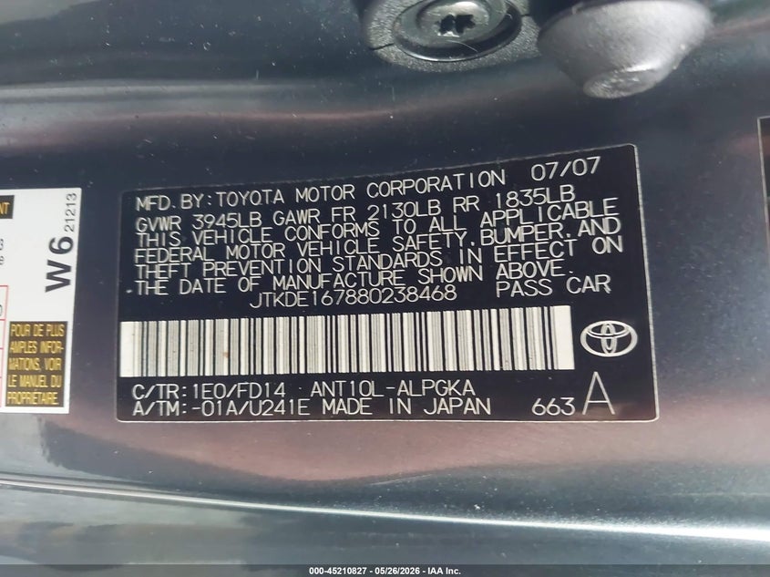 2008 Scion Tc VIN JTKDE167880238468 IAAI salvage auction — RIGHT SIDE, Salvage (Texas), sold $950 on 2026-07-13 (photo 9)