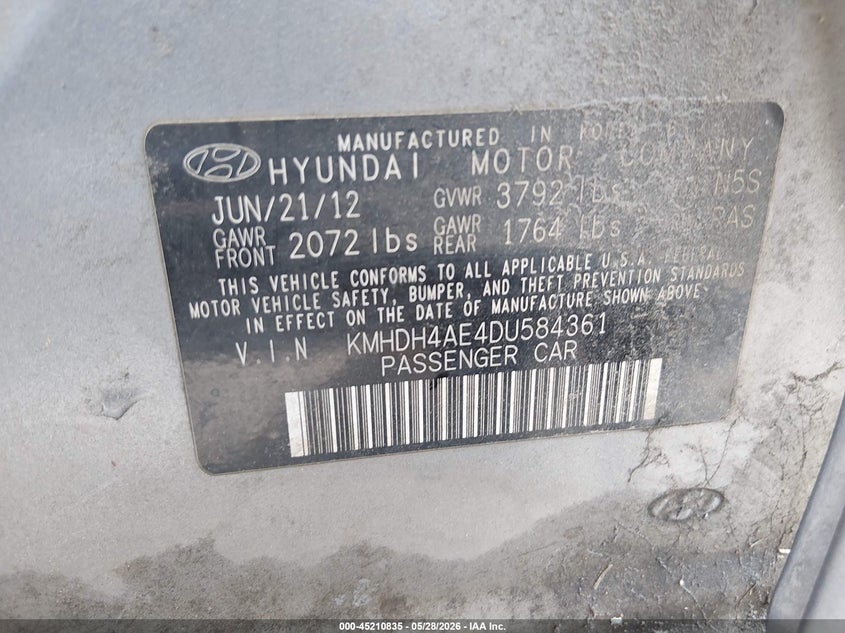2013 Hyundai Elantra VIN KMHDH4AE4DU584361 IAAI salvage auction — ROOF, Salvage Title, sold $700 on 2026-07-20 (photo 9)