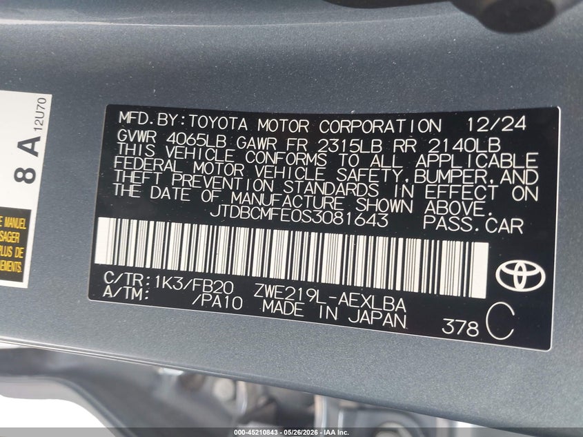 2025 Toyota Corolla VIN JTDBCMFE0S3081643 IAAI salvage auction — FRONT END, Salvage Title, sold $6,600 on 2026-07-11 (photo 9)