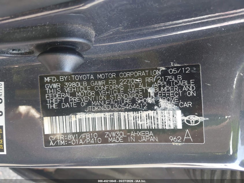 2012 Toyota Prius VIN JTDKN3DU3C5464612 IAAI salvage auction — NORMAL WEAR, Salvage Title, sold $1,100 on 2026-07-14 (photo 9)