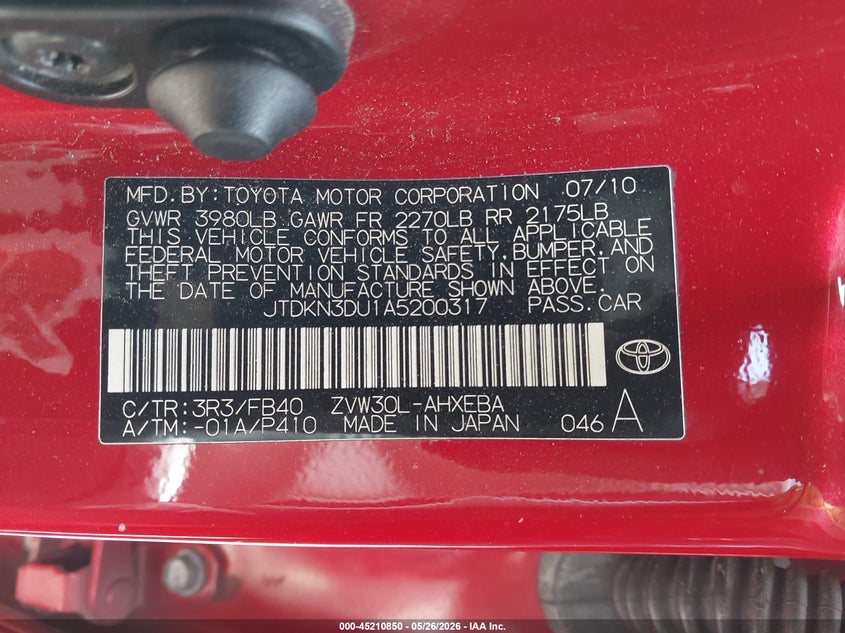 2010 Toyota Prius VIN JTDKN3DU1A5200317 IAAI salvage auction — REAR END, Salvage (California), sold $700 on 2026-07-08 (photo 9)