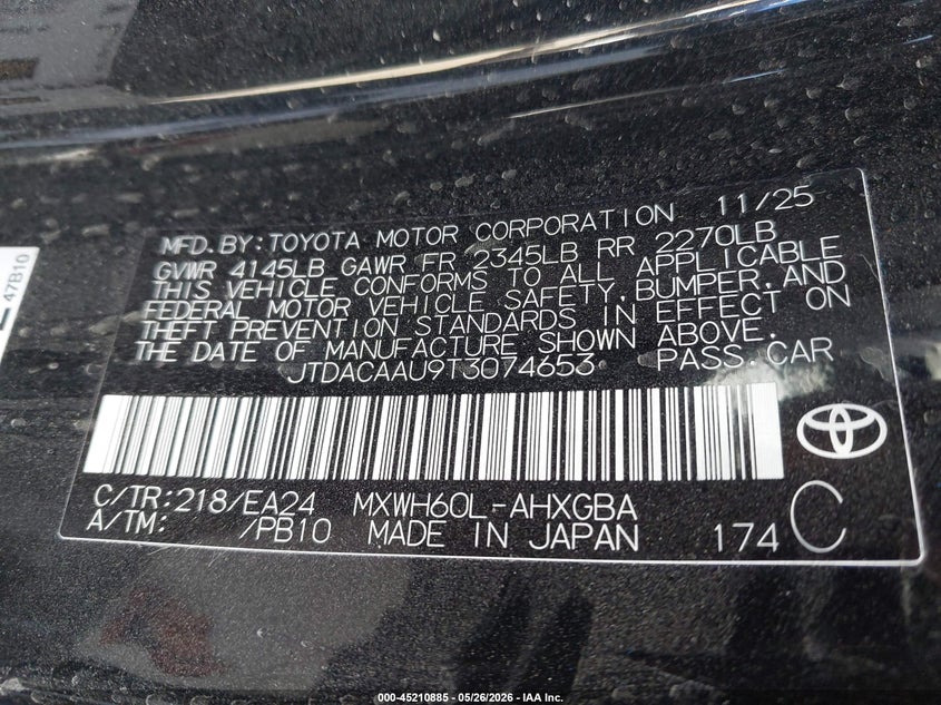 2026 Toyota Prius VIN JTDACAAU9T3074653 IAAI salvage auction — ROOF, Salvage Title, sold $11,300 on 2026-07-25 (photo 9)
