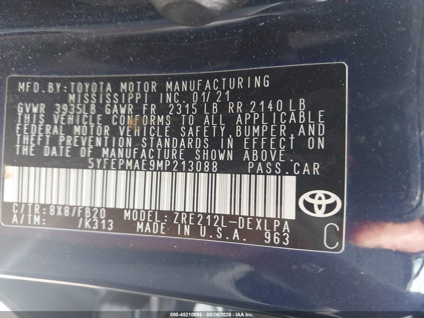 2021 Toyota Corolla VIN 5YFEPMAE9MP213088 IAAI salvage auction — FRONT END, Salvage Title, sold $3,900 on 2026-07-06 (photo 9)
