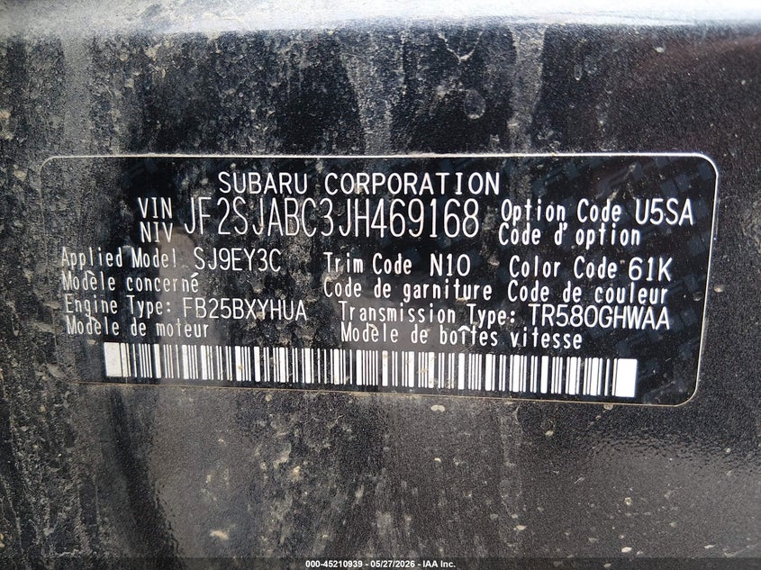 2018 Subaru Forester VIN JF2SJABC3JH469168 IAAI salvage auction — LEFT SIDE, Salvage (Maine), sold $1,650 on 2026-07-13 (photo 9)