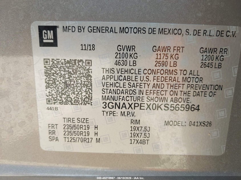 2019 Chevrolet Equinox VIN 3GNAXPEX0KS565964 IAAI salvage auction — HAIL, Salvage Title, sold $5,400 on 2026-07-31 (photo 9)