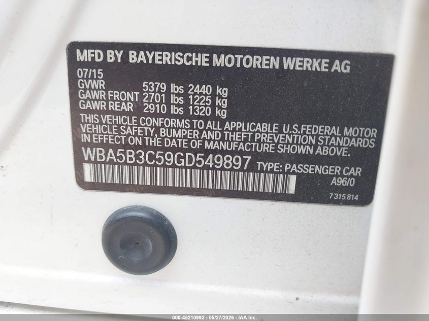 2016 BMW 5er VIN WBA5B3C59GD549897 IAAI salvage auction — FRONT END, Salvage Title, sold $2,150 on 2026-07-22 (photo 9)