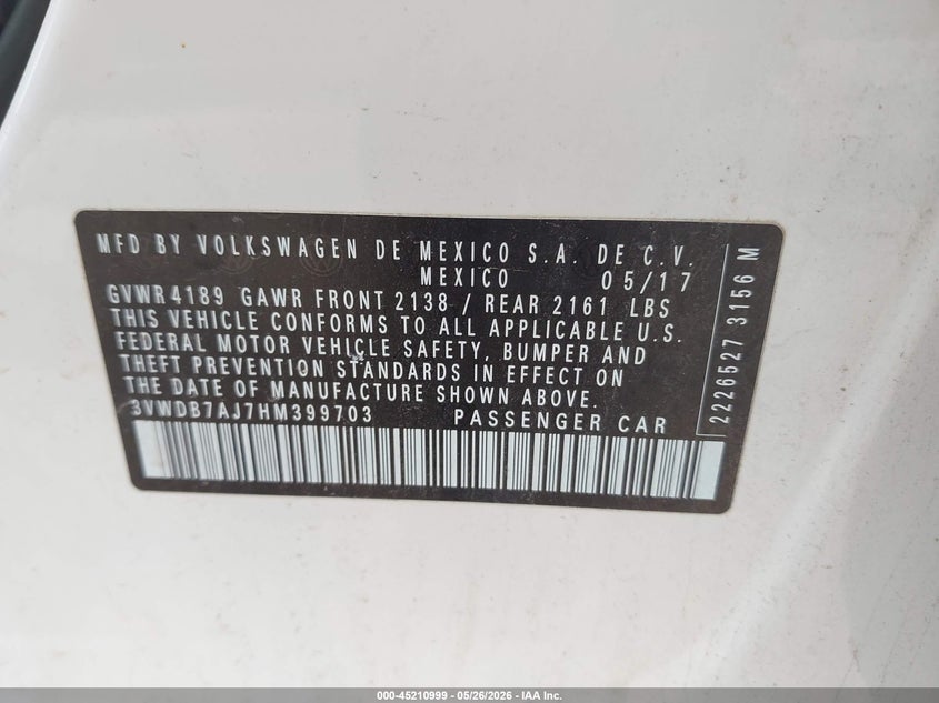 2017 Volkswagen Jetta VIN 3VWDB7AJ7HM399703 IAAI salvage auction — FRONT & REAR, Wait Title, sold $1,875 on 2026-09-08 (photo 9)