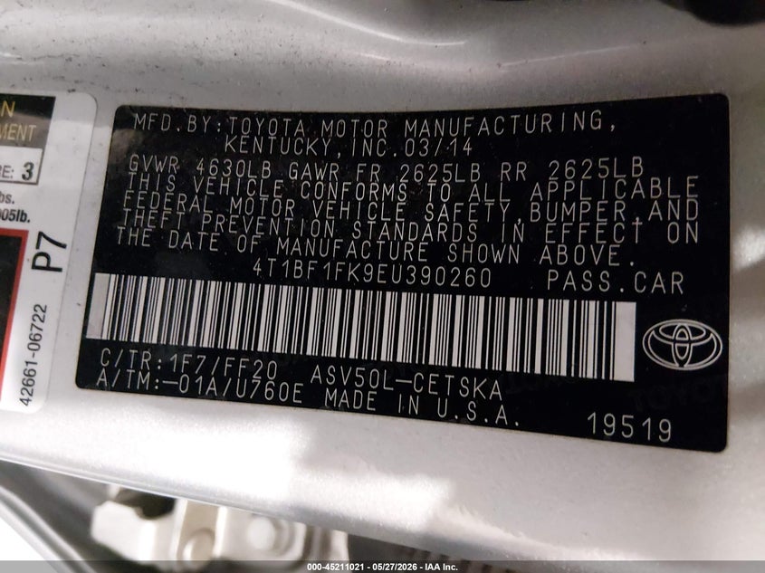 2014 Toyota Camry VIN 4T1BF1FK9EU390260 IAAI salvage auction — FRONT END, Salvage Title, sold $2,050 on 2026-07-31 (photo 9)