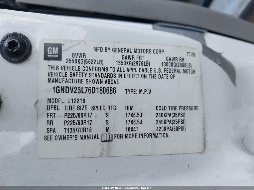 2006 Chevrolet Uplander VIN 1GNDV23L76D180686 IAAI salvage auction — FRONT END, Clear (Oklahoma), sold $1,000 on 2026-07-08 (photo 9)