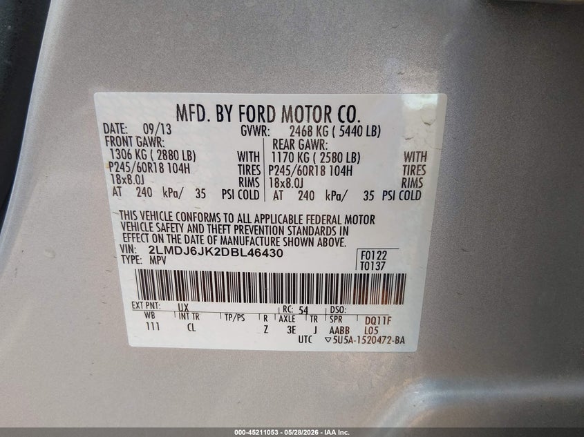 2013 Lincoln Mkx VIN 2LMDJ6JK2DBL46430 IAAI salvage auction — LEFT FRONT, Salvage Title, sold $25 on 2026-07-29 (photo 9)