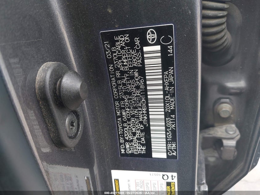 2021 Toyota C-hr VIN JTNKHMBX0M1118967 IAAI salvage auction — SIDE, Salvage Title, sold $7,750 on 2026-08-19 (photo 9)
