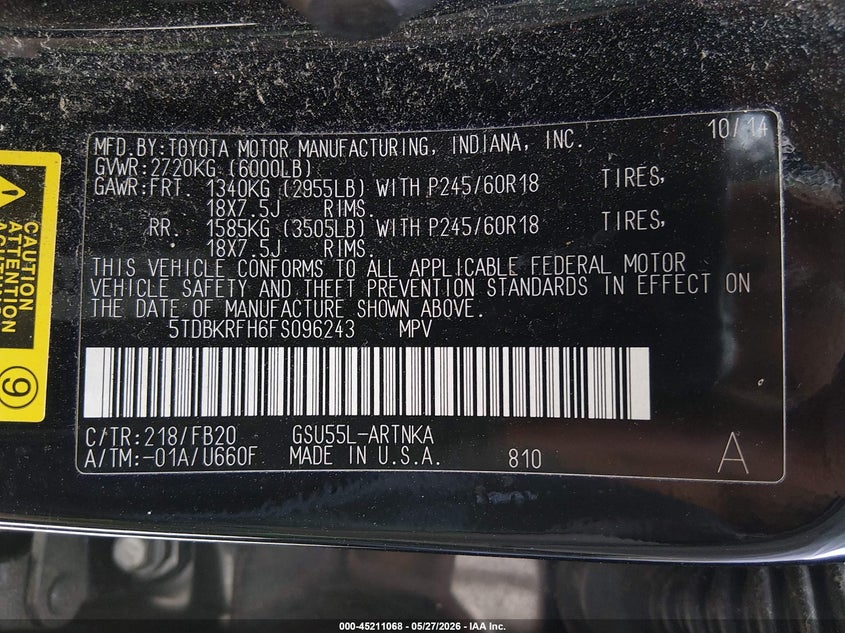 2015 Toyota Highlander VIN 5TDBKRFH6FS096243 IAAI salvage auction — RIGHT FRONT, Salvage Title, sold $7,100 on 2026-07-20 (photo 9)