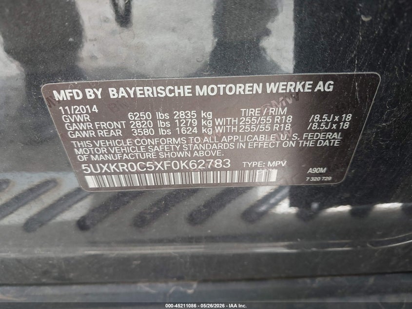 2015 BMW X5 VIN 5UXKR0C5XF0K62783 IAAI salvage auction — FRONT & REAR, Salvage (Illinois), sold $1,700 on 2026-07-28 (photo 9)