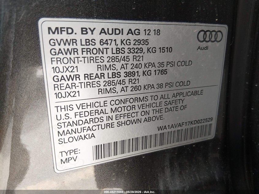 2019 Audi Q8 VIN WA1AVAF17KD022529 IAAI salvage auction — FRONT END, Salvage Title, sold $14,100 on 2026-07-17 (photo 9)