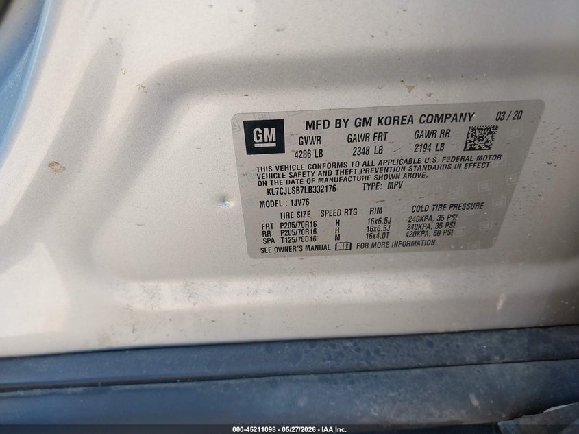 2020 Chevrolet Trax VIN KL7CJLSB7LB332176 IAAI salvage auction — FRONT END, Salvage Title, sold $450 on 2026-07-16 (photo 9)