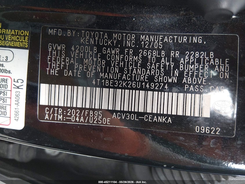 2006 Toyota Camry VIN 4T1BE32K26U149274 IAAI salvage auction — NORMAL WEAR, Clear - Dealer Only (California), sold $525 on 2026-07-09 (photo 9)