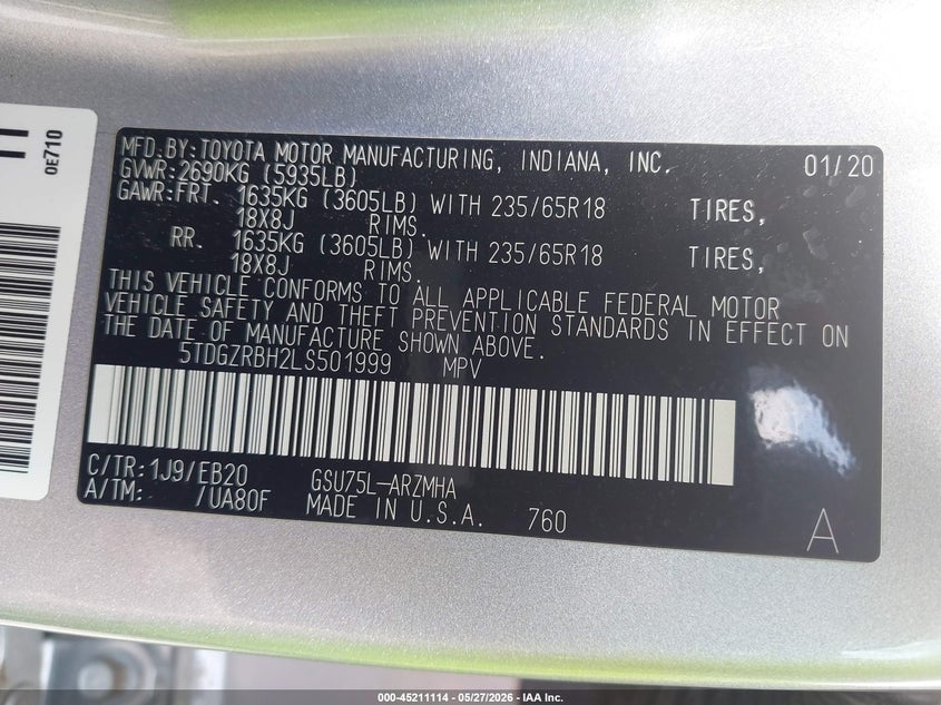 2020 Toyota Highlander VIN 5TDGZRBH2LS501999 IAAI salvage auction — HAIL, Salvage Title, sold $17,950 on 2026-07-27 (photo 9)