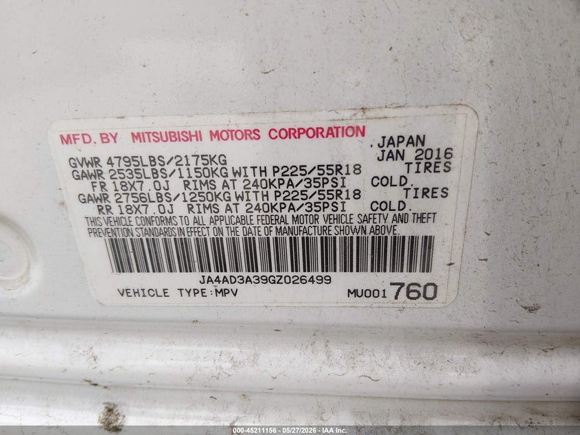 2016 Mitsubishi Outlander VIN JA4AD3A39GZ026499 IAAI salvage auction — REAR END, Salvage Title, sold $850 on 2026-07-20 (photo 9)
