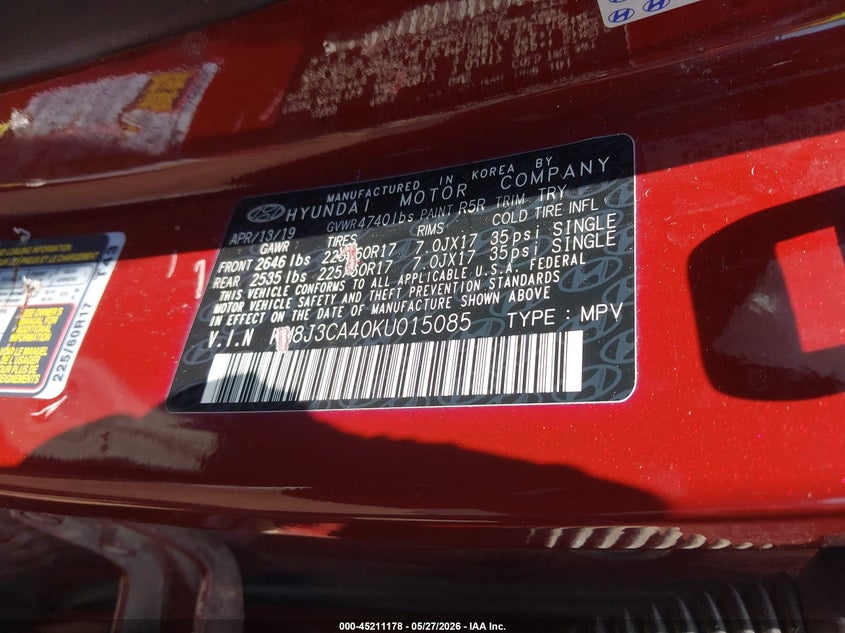 2019 Hyundai Tucson VIN KM8J3CA40KU015085 IAAI salvage auction — BIO HAZARD, Salvage Title, sold $1,175 on 2026-07-24 (photo 9)