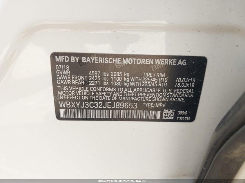 2018 BMW X2 VIN WBXYJ3C32JEJ89653 IAAI salvage auction — FRONT END, Original (Texas), sold $3,650 on 2026-07-28 (photo 9)