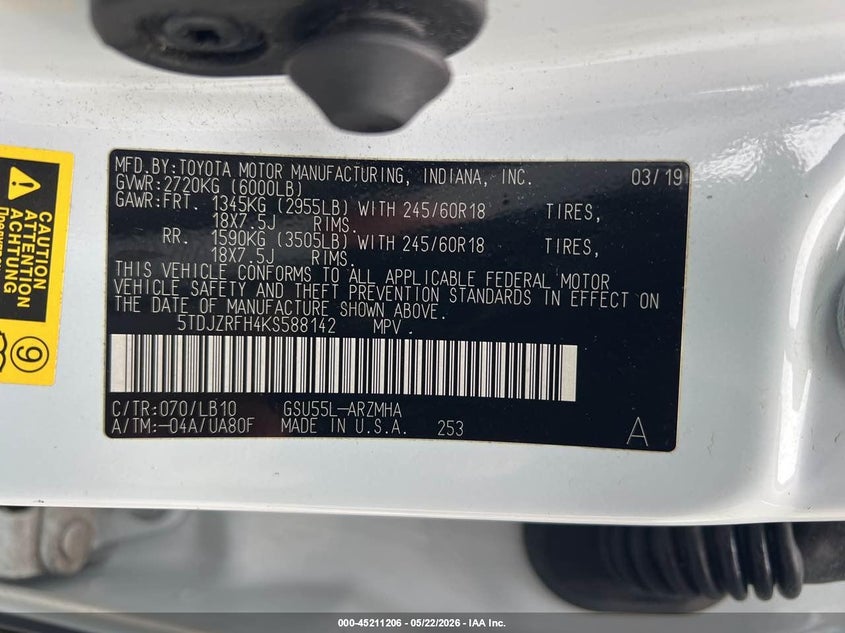 2019 Toyota Highlander VIN 5TDJZRFH4KS588142 IAAI salvage auction — NORMAL WEAR, Clear (Massachusetts), sold $8,550 on 2026-07-29 (photo 9)