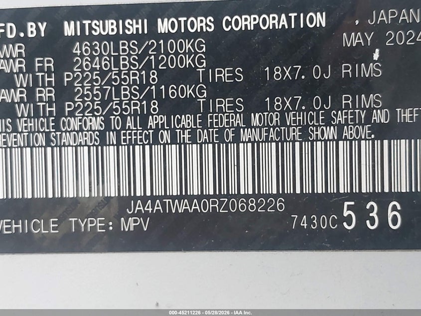 2024 Mitsubishi Eclipse cross VIN JA4ATWAA0RZ068226 IAAI salvage auction — REAR END, Salvage Title, sold $6,200 on 2026-07-28 (photo 9)