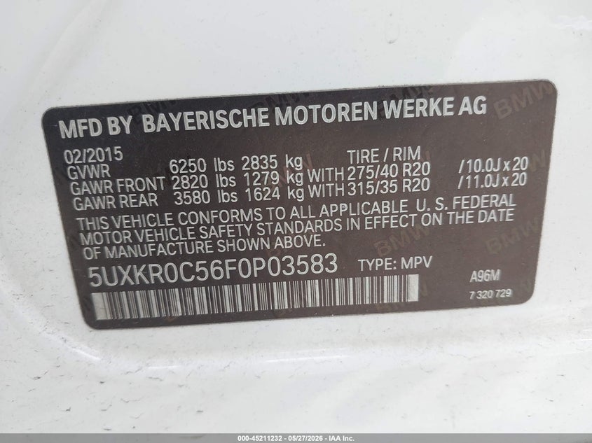 2015 BMW X5 VIN 5UXKR0C56F0P03583 IAAI salvage auction — FRONT END, Salvage Title, sold $3,825 on 2026-07-07 (photo 9)