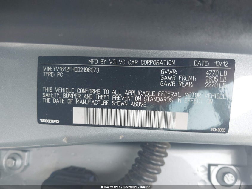 2013 Volvo S60 VIN YV1612FH0D2196073 IAAI salvage auction — NORMAL WEAR, Salvage Title, sold $300 on 2026-07-15 (photo 9)