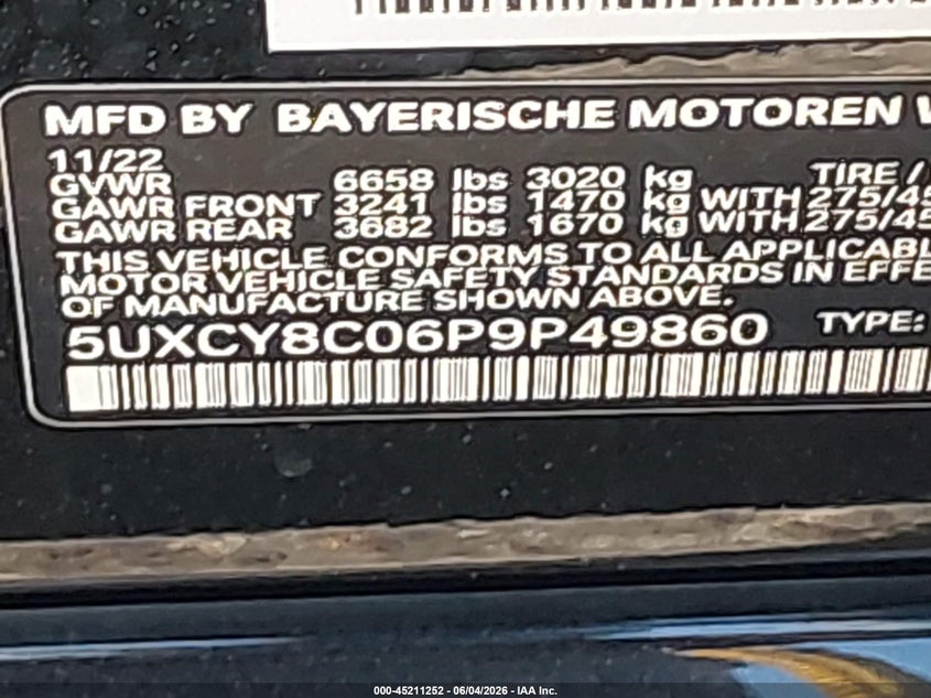 2023 BMW X6 VIN 5UXCY8C06P9P49860 IAAI salvage auction — FRONT & REAR, Salvage Title, sold $29,000 on 2026-07-30 (photo 9)