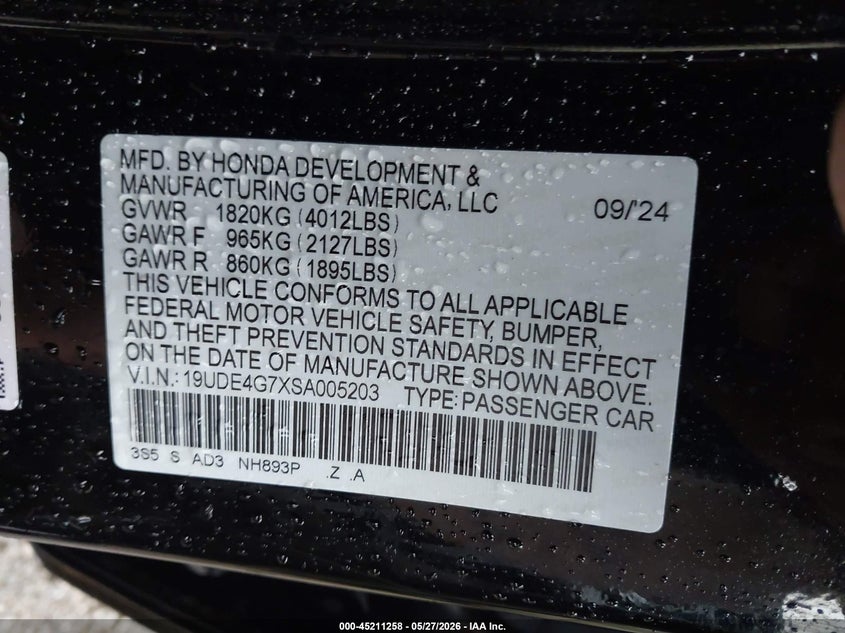 2025 Acura Integra VIN 19UDE4G7XSA005203 IAAI salvage auction — FRONT END, Salvage Title, sold $7,200 on 2026-08-19 (photo 9)