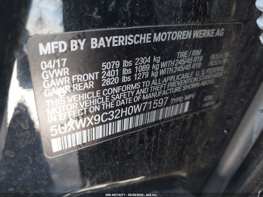 2017 BMW X3 VIN 5UXWX9C32H0W71597 IAAI salvage auction — REAR END, Clear (Oklahoma), sold $4,550 on 2026-07-22 (photo 9)