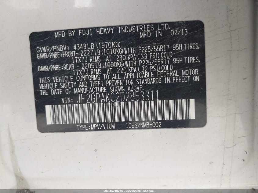 2013 Subaru Xv VIN JF2GPAKC2D2853311 IAAI salvage auction — RIGHT FRONT, Salvage (Vermont), sold $125 on 2026-07-23 (photo 9)