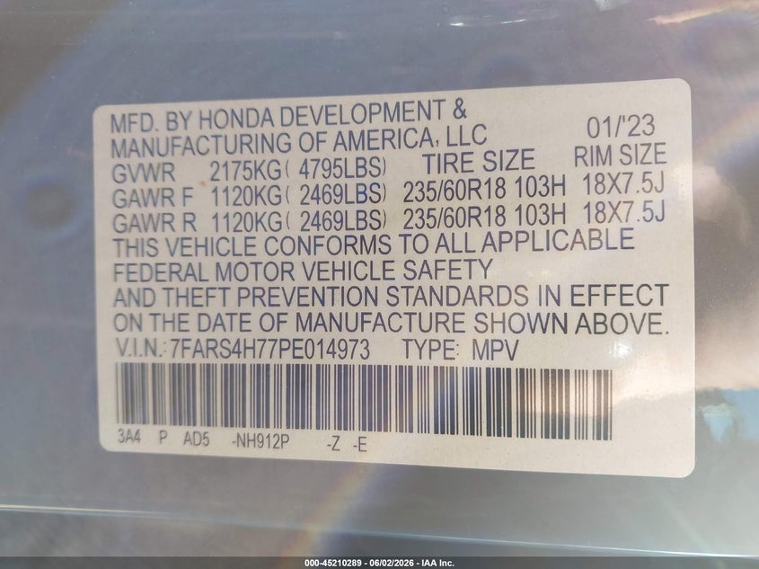 2023 Honda Cr-v VIN 7FARS4H77PE014973 IAAI salvage auction — FRONT END, Salvage Title, sold $8,350 on 2026-07-09 (photo 9)