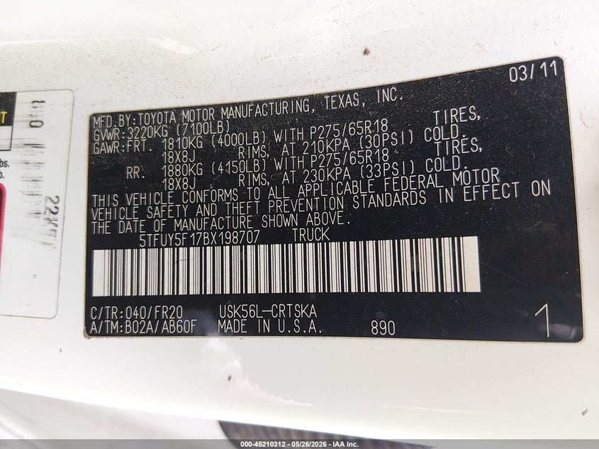 2011 Toyota Tundra VIN 5TFUY5F17BX198707 IAAI salvage auction — RIGHT FRONT, Salvage (New Jersey), sold $5,650 on 2026-07-07 (photo 9)