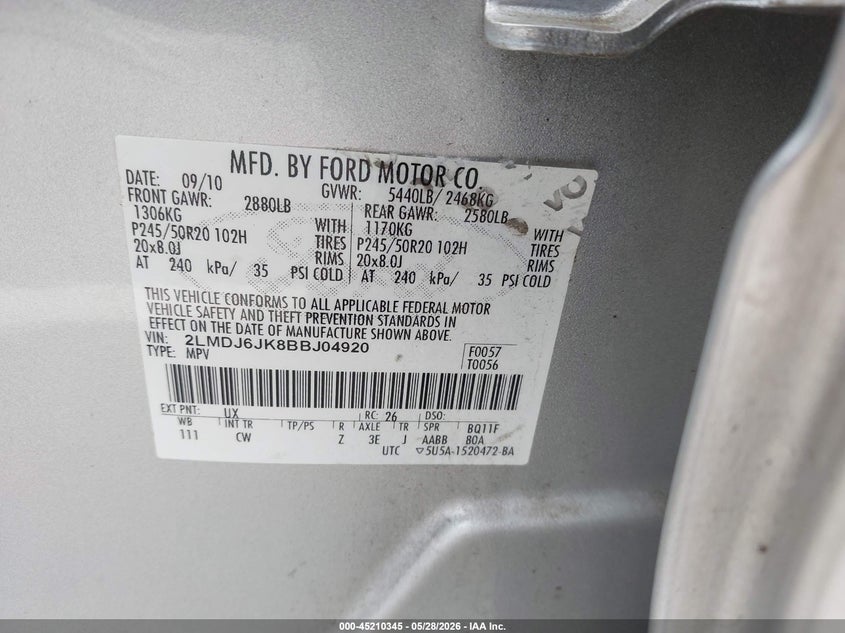 2011 Lincoln Mkx VIN 2LMDJ6JK8BBJ04920 IAAI salvage auction — RIGHT REAR, Salvage (North Carolina), sold $1,200 on 2026-09-17 (photo 9)