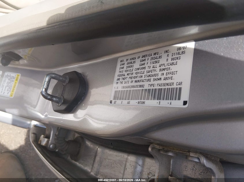 2008 Acura Tl VIN 19UUA66288A003892 IAAI salvage auction — REAR END, Salvage (Rhode Island), sold $150 on 2026-07-18 (photo 9)