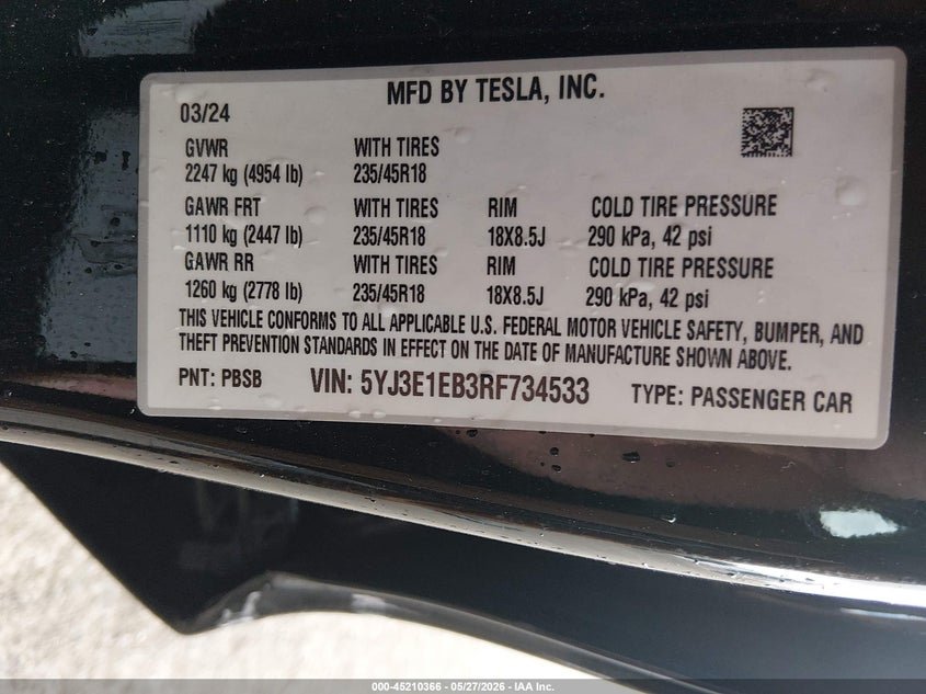 2024 Tesla Model 3 VIN 5YJ3E1EB3RF734533 IAAI salvage auction — LEFT FRONT, Salvage Title, sold $6,150 on 2026-07-29 (photo 9)