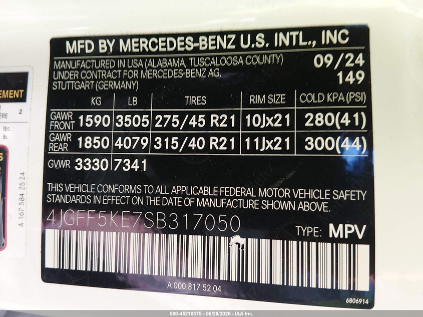 2025 Mercedes-benz Gls-klasse VIN 4JGFF5KE7SB317050 IAAI salvage auction — FRONT END, Salvage Title, sold $33,100 on 2026-07-07 (photo 9)