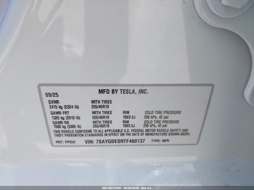 2026 Tesla Model y VIN 7SAYGDED9TF460137 IAAI salvage auction — NORMAL WEAR, Salvage (California), sold $10,000 on 2026-07-07 (photo 9)