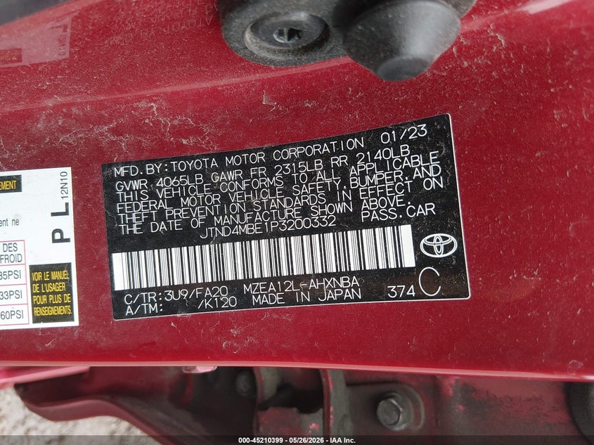 2023 Toyota Corolla VIN JTND4MBE1P3200332 IAAI salvage auction — FRONT END, Salvage (Indiana), sold $2,850 on 2026-07-22 (photo 9)