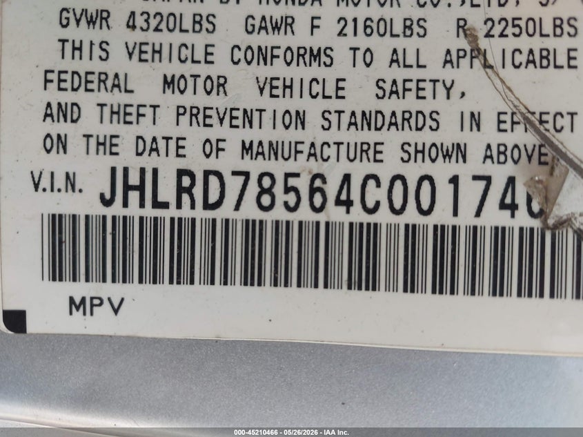 2004 Honda Cr-v VIN JHLRD78564C001746 IAAI salvage auction — RIGHT REAR, Prior Salvage (Minnesota), sold $700 on 2026-07-29 (photo 9)