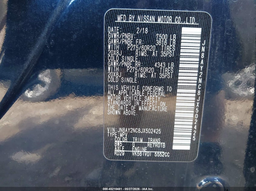 2018 Nissan Armada VIN JN8AY2NC8JX502425 IAAI salvage auction — FRONT END, Salvage Title, sold $6,400 on 2026-07-22 (photo 9)