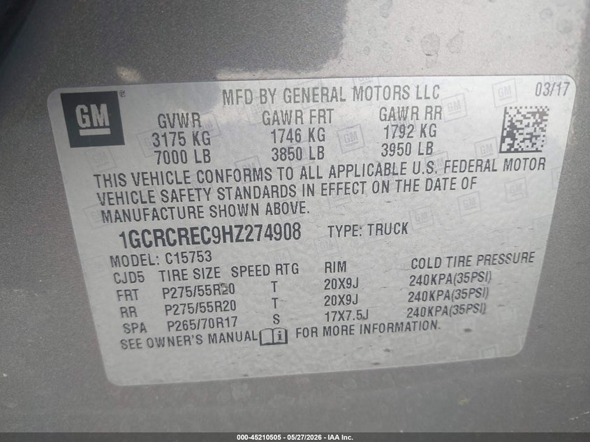 2017 Chevrolet Silverado VIN 1GCRCREC9HZ274908 IAAI salvage auction — REAR END, Salvage Title, sold $5,200 on 2026-07-09 (photo 9)