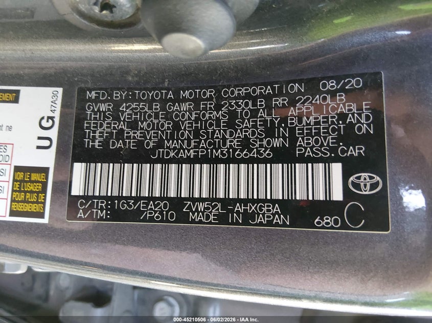 2021 Toyota Prius VIN JTDKAMFP1M3166436 IAAI salvage auction — RIGHT FRONT, Salvage (Oregon), sold $7,300 on 2026-07-27 (photo 9)