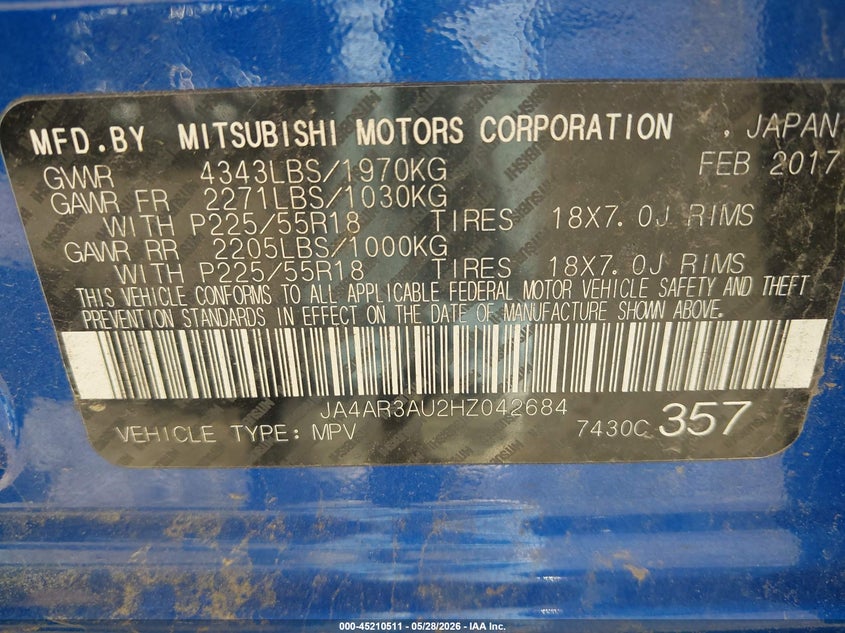 2017 Mitsubishi Outlander VIN JA4AR3AU2HZ042684 IAAI salvage auction — HAIL, Salvage Title, sold $1,225 on 2026-07-22 (photo 9)