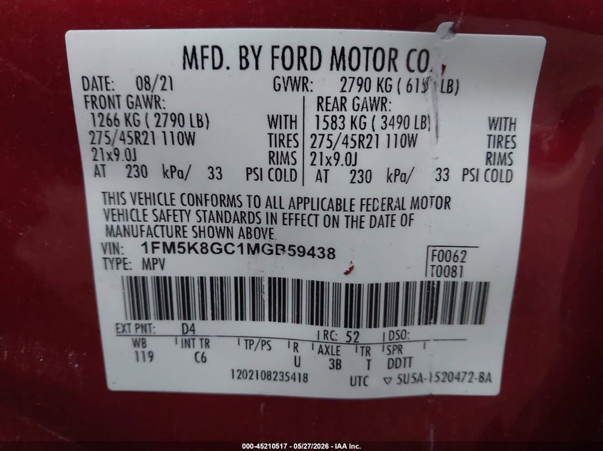 2021 Ford Explorer VIN 1FM5K8GC1MGB59438 IAAI salvage auction — LEFT SIDE, Original (Texas), sold $13,400 on 2026-07-28 (photo 9)