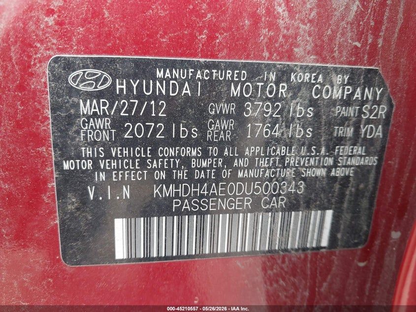 2013 Hyundai Elantra VIN KMHDH4AE0DU500343 IAAI salvage auction — NORMAL WEAR, Clear (Illinois), sold $300 on 2026-07-07 (photo 9)