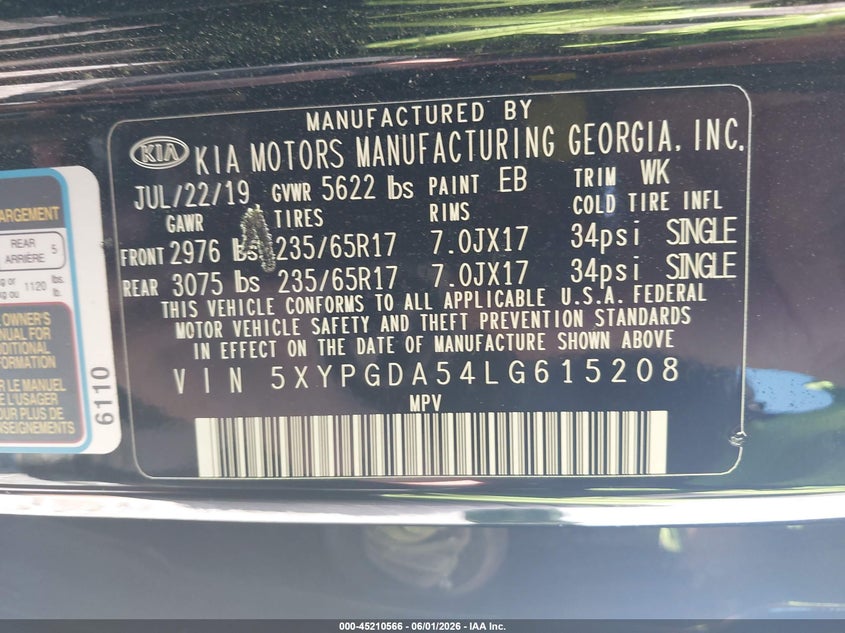 2020 Kia Sorento VIN 5XYPGDA54LG615208 IAAI salvage auction — HAIL, Salvage (Missouri), sold $1,600 on 2026-07-27 (photo 9)