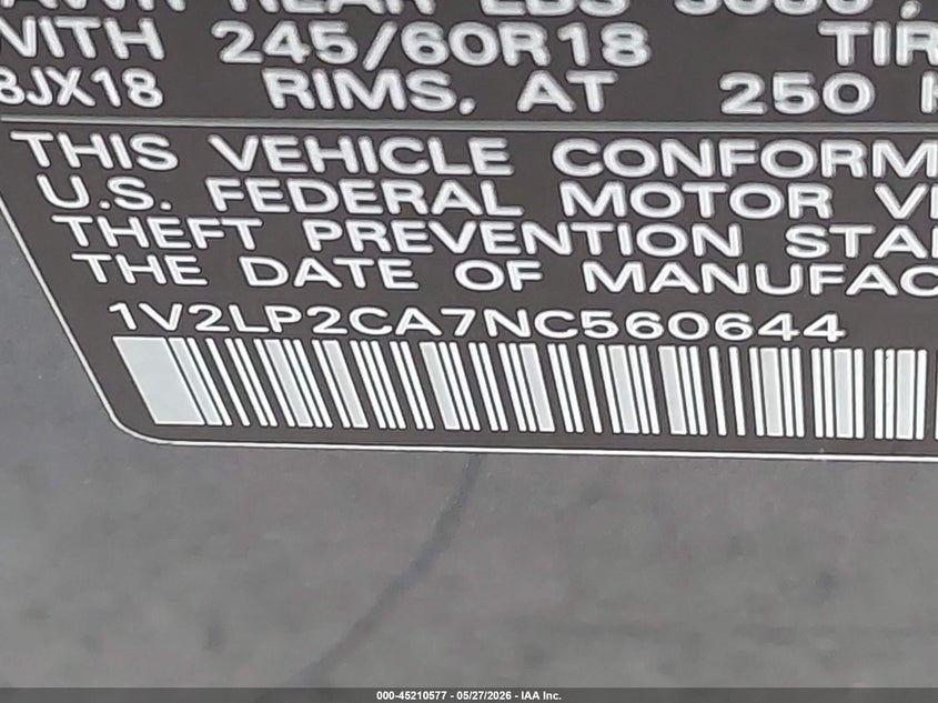 2022 Volkswagen Atlas VIN 1V2LP2CA7NC560644 IAAI salvage auction — FRONT END, Salvage Title, sold $7,850 on 2026-07-24 (photo 9)