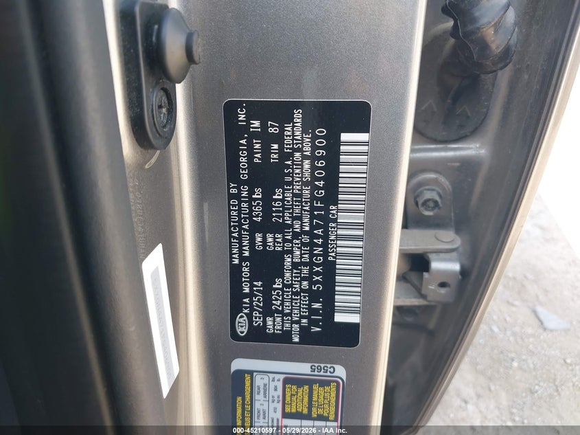 2015 Kia Optima VIN 5XXGN4A71FG406900 IAAI salvage auction — HAIL, Original (Texas), sold $2,400 on 2026-07-08 (photo 9)